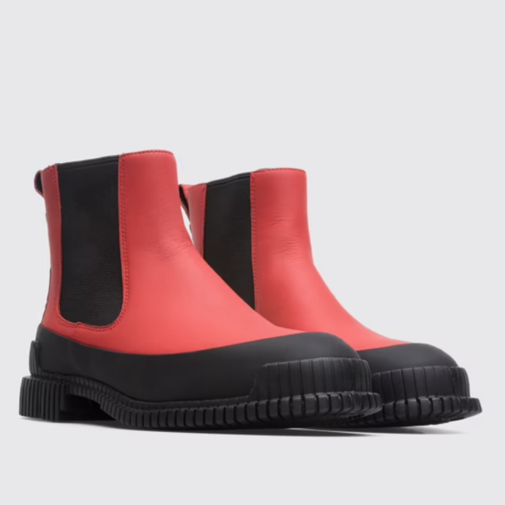 Camper Pix Leather Chelsea Ankle Boots Red Black Chunky Lug Sole Size 37 US 7
